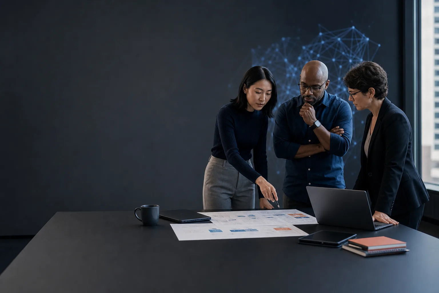Professionals discussing an AI-era learning plan in a modern US workplace